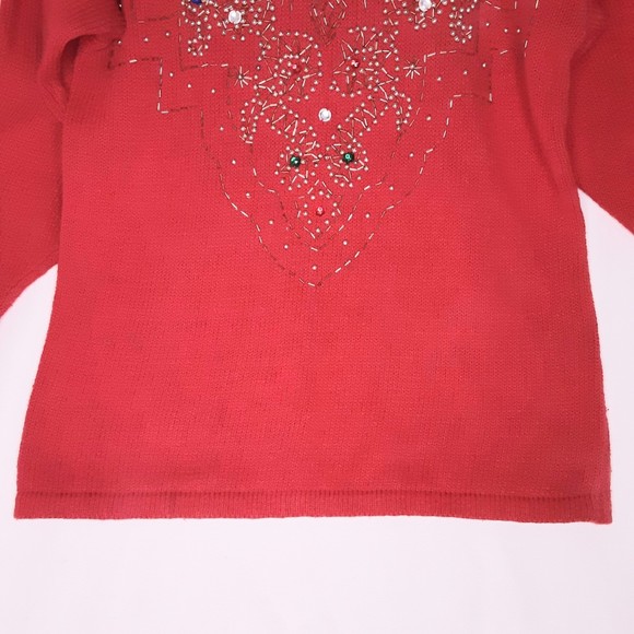 Western Connections Sweater Festive V-Neck Red With Beads Rhinestones Small - Picture 6 of 9